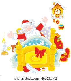 Santa Claus yawning and stretching oneself in his bed