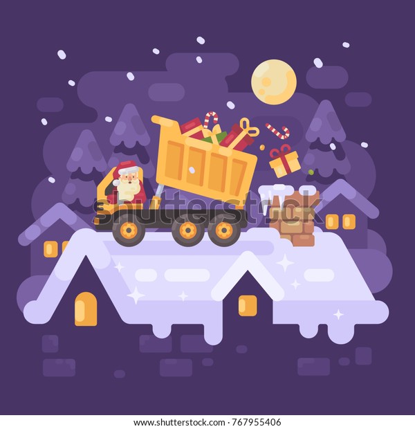 Santa Claus in a yellow tipper truck on a\
rooftop unloading presents into the chimney of a very nice kid.\
Christmas character\
illustration