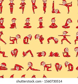 Santa Claus In Yoga Poses Seamless Pattern.