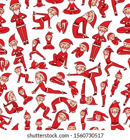 Santa Claus In Yoga Poses Seamless Pattern.