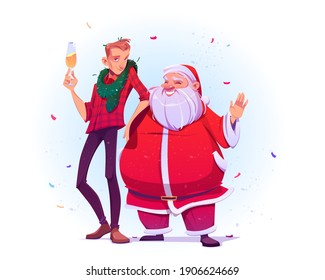 Santa Claus and young man with champagne celebrate Christmas and New Year. Vector cartoon illustration for xmas greeting card with fat man in red costume and white beard and guy with green tinsel