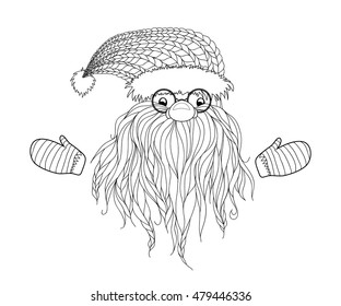 Santa Claus in Zentangle style. Beard, glasses, cap, mittens. Symbols of Christmas characters. Hand-drawn elements for New Year's design. Xmas sketch. Pattern for coloring book. Vector illustration.
