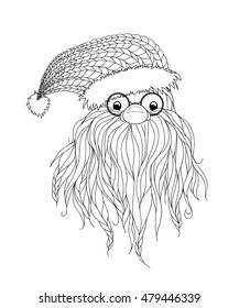 Santa Claus in Zentangle style. Beard, glasses, cap. Symbols of Christmas characters. Merry Christmas. Hand-drawn elements for New Year's design. Xmas sketch. Pattern for coloring book. Vector eps 10.