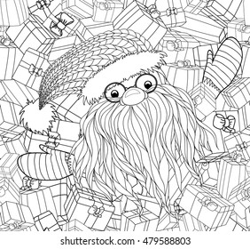 Santa Claus in Zentangle style. Beard, glasses, cap. Symbols of Christmas characters. Merry Christmas. Hand-drawn elements for New Year's design. Xmas sketch. Pattern for coloring book. Vector eps 10.