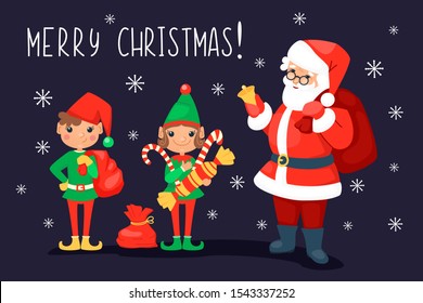 Santa Clause with bell and presents bag and two cute elves with gifts and sweets and candies on the dark background with snowflakes. Christmas and New Year winter holiday celebration concept. Vector c
