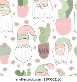 Santa Clause and cacti seamless pattern vector art on white