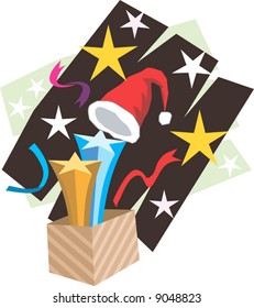 Santa clause Cap and stars are emerging out of a gift box	