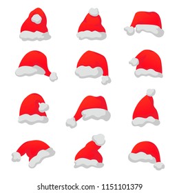 Santa Clause caps vector set isolated from background. Collection of traditional bright headdress for Santa Clause. Cartoon design various red hats decorated with white tassels and fur.