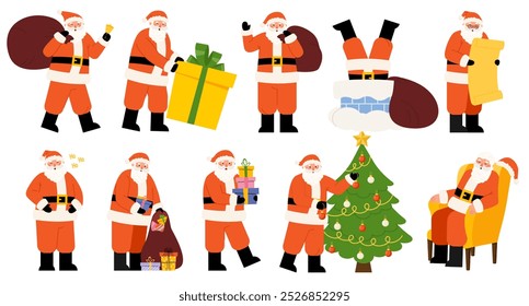 Santa Clause Cartoon Characters in different poses. Jolly Christmas Old Men Collection. Vector flat illustration for holiday design on transparent background