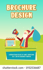 Santa Clause celebrating Christmas. Holding megaphone, bag of gifts, calendar. Flat vector illustration. Xmas Eve, celebration, presents concept for banner, website design or landing web page