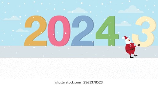 Santa Clause changing no.3 to 4 flat design vector illustration. Merry Christmas and Happy New Year greeting card template have blank space.