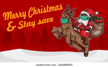 Ilustración de caracteres de Santa Cláusula usando máscaras para transmitir la palabra Feliz Navidad y recordar 19 consejos de seguridad pandémicos de Covid en vacaciones de Navidad