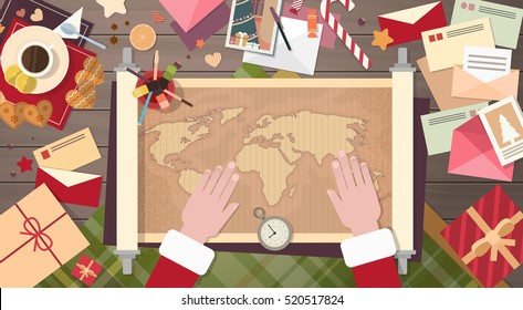 Santa Clause Christmas Cartoon Character Sitting Desk World Map Concept Flat Vector Illustration