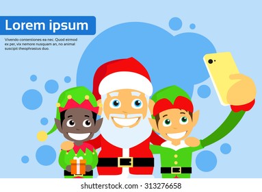 Santa Clause Christmas Elf Cartoon Character Taking Selfie Photo On Smart Phone Flat Vector Illustration