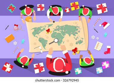 Santa Clause Christmas Elf Cartoon Character Sitting Desk World Map Concept Flat Vector Illustration