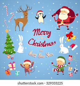 Santa Clause Christmas Elf Cartoon Character Set Collection Flat Vector Illustration