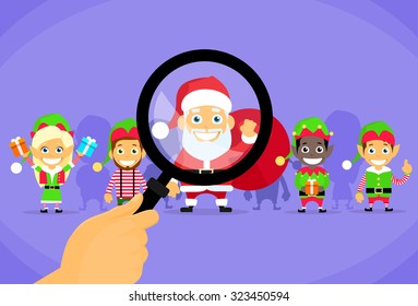 Santa Clause Christmas Elf Magnifying Glass Concept Cartoon Character Flat Vector Illustration