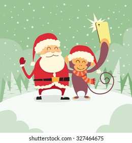 Santa Clause Christmas Monkey Cartoon Character Taking Selfie Photo On Smart Phone Flat Vector Illustration