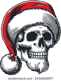 Cláusula Santa: calavera de Navidad con gorro de sombrero rojo ilustración vectorial para el diseño de camisetas