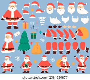 Santa Clause constructor. Santa Claus character creation set. Collection of cartoon character body parts and emotions. Character design of Front, side, back view and  animation poses.