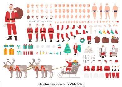 Santa Clause constructor or DIY kit. Collection of Christmas cartoon character body parts, clothes, holiday attributes isolated on white background. Front, side, back view. Vector illustration. 