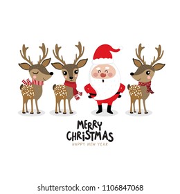 Santa Clause and cute deer in winter costume. Merry Christmas and Happy new year greeting card. Holidays cartoon character.