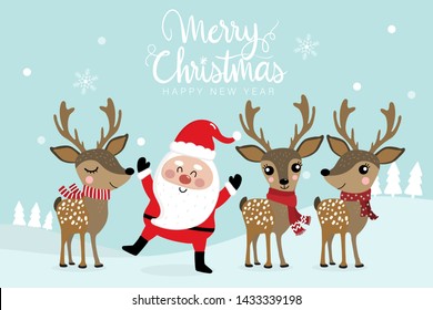 Santa Clause and cute deer in winter costume. Merry Christmas and Happy new year greeting card. Holidays cartoon character.