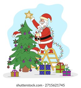 Santa Cláusula decorando árvore de Natal com luzes e presentes