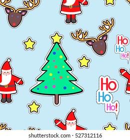 Santa Clause, deer, tree decorated with ball and star seamless pattern. Christmas elements in simple cartoon style. New Year. Wallpaper design endless texture. Fabric textile. Vector illustration
