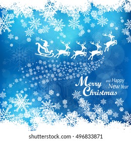 Santa Clause driving sleigh in blue. New Year design elements. Winter holiday banner. Vector illustration
