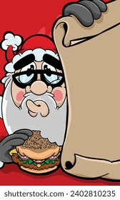 Santa Clause Eating a Burger with Naughty or Nice List