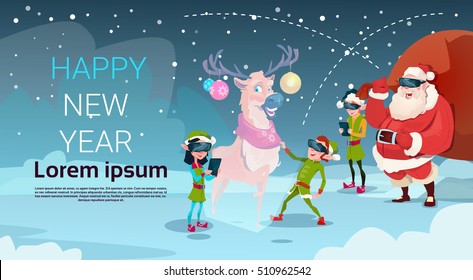Santa Clause Elf Group Wear Digital Glasses See Virtual Reality Reindeer Merry Christmas Happy New Year Flat Vector Illustration