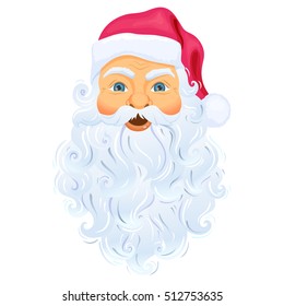 Santa Clause face with beard and hat. Realistic Father Frost head cartoon character illustration. isolated on white background. Cute Christmas symbol. 