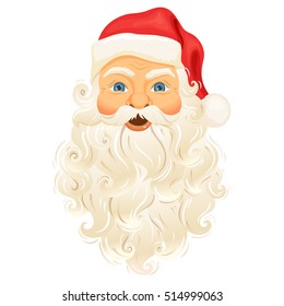 Santa Clause face with beard and hat. Cartoon Christmas character illustration isolated on white background. Cute Father Frost