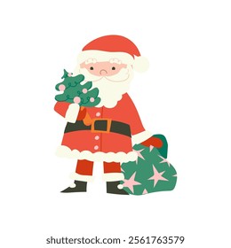 Santa Clause with fir tree and gift bag, Winter holidays design concepts. Vector illustration