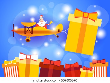 Santa Clause Flying Airplane Carrying Present Box Happy New Year Decoration Greeting Card Celebration Banner Flat Vector Illustration