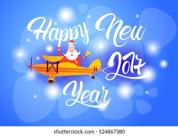 Santa Clause Flying Airplane Happy New Year Decoration Greeting Card Celebration Banner Flat Vector Illustration