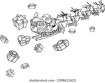 Santa clause flying with his deer and gifts falling and rewarding good people and children, hand drawn outline illustration. Simple Santa clause the sled flying around Christmas time throwing gifts. 