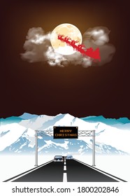 Santa Clause flying over high altitude highway with Merry Christmas message on overhead gantry set against a full moon night sky