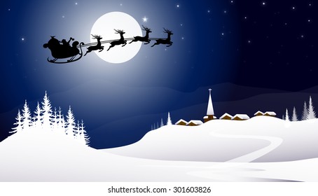 Santa Clause Flying & Winter Landscape