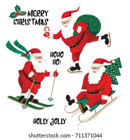 Santa Clause going to celebration Christmas. Characters set. Holiday vector illustration