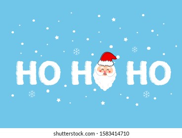 Santa clause with hand drawn ho ho ho typography and snowflakes isolated on a blue background vector illustration.