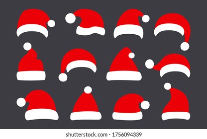 Sombrero de Santa Cláusula, conjunto de pisos de Navidad. Sombreros rojos de invierno de Navidad en Santa. Boicot de Año Nuevo, adorable colección tradicional de gorras. Elemento de diseño festivo. Aislado en ilustración vectorial de fondo oscuro