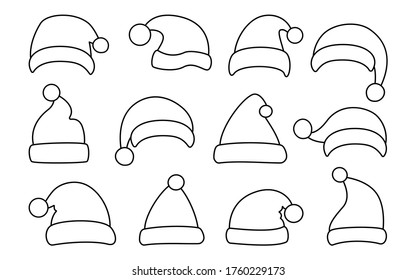 Santa Clause hat, Christmas flat line set. Xmas Santa winter hats black linear. New Year cartoon holiday traditional caps. Festive design element collection. Isolated on white vector illustration