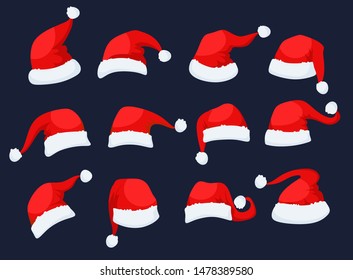 Santa Clause hats icons set vector illustration. Collection consists of festive red caps for greeting, invitation cards, web, print, banners flat style design. Xmas eve concept