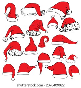 Santa Clause hats icons set vector illustration. Collection consists of festive red caps for greeting, invitation cards, web, print, banners flat style design. Xmas eve concept
