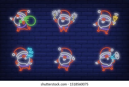 Santa Clause having fun neon sign set. Cute character carrying gifts, shouting at speaker, laughing. Vector illustration in neon style for topics like Xmas, party, holiday, celebration
