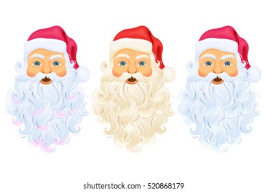 Santa Clause head with face, beard and hat. Cartoon Christmas character illustration isolated on white. Cute Father Frost