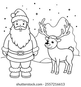 santa clause with his pet reindeer winter snowfall outline illustration for kids coloring book page