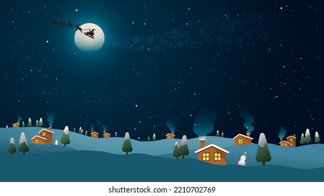 Santa clause with his sleigh and reindeers in christmas eve have small town, pines, snow hills landscape and a lot of stars background. Christmas night background.